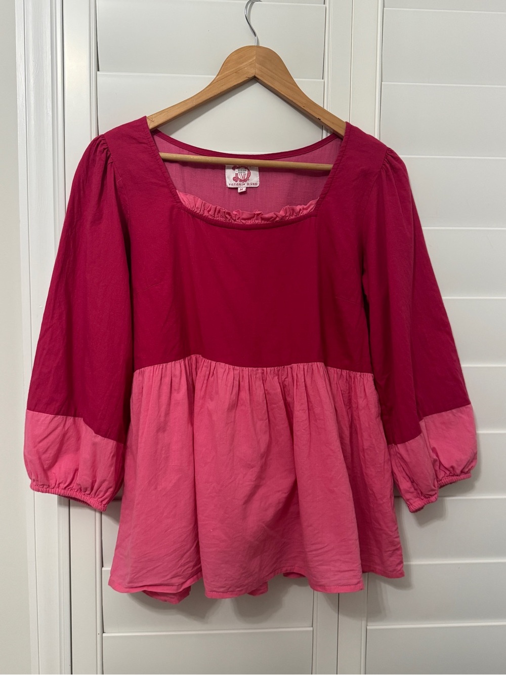 Victoria Dunn pink ruffle collar color block top